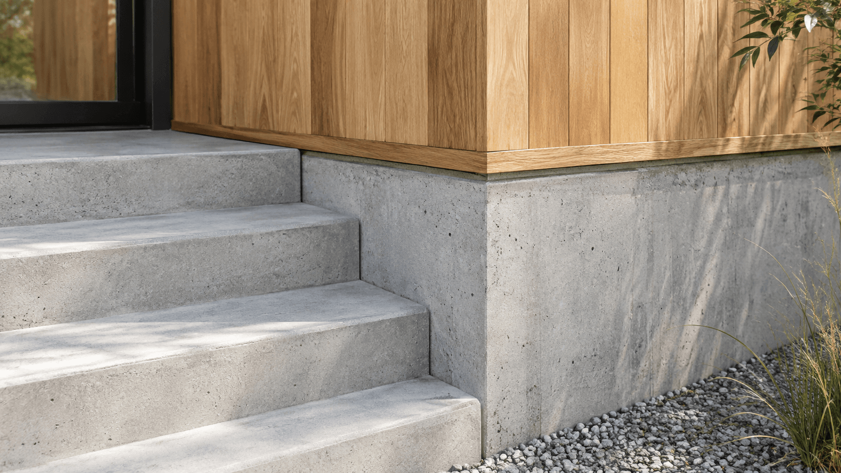 Illustrative detail of concrete steps and residential wood construction