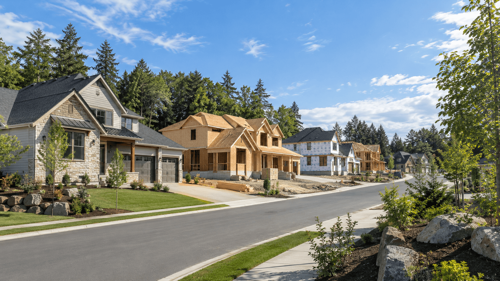 Illustrative residential neighborhood with homes at different construction stages